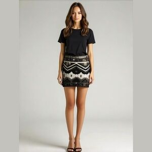 Express Aztec Black White Silver Grey Sequin Mini Skirt Size XS